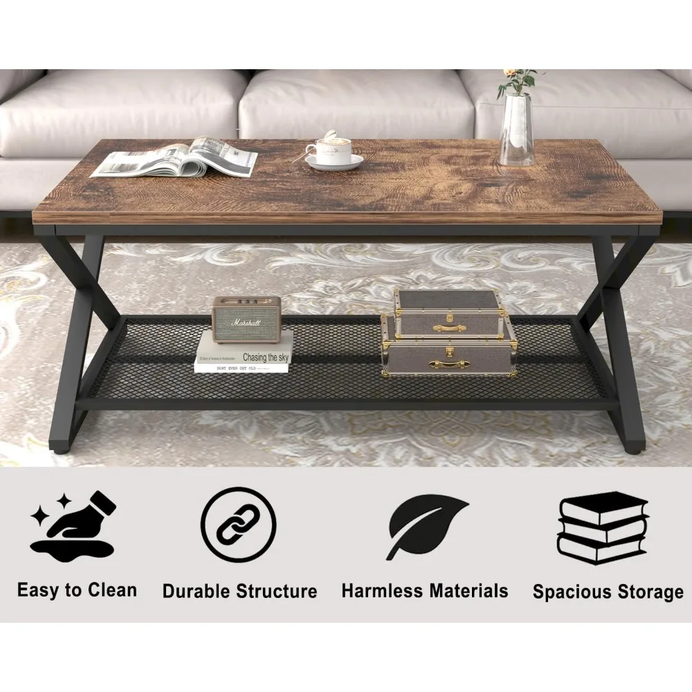 Coffee table, industrial metal wood 2-tier coffee table for living room, for office bedroom