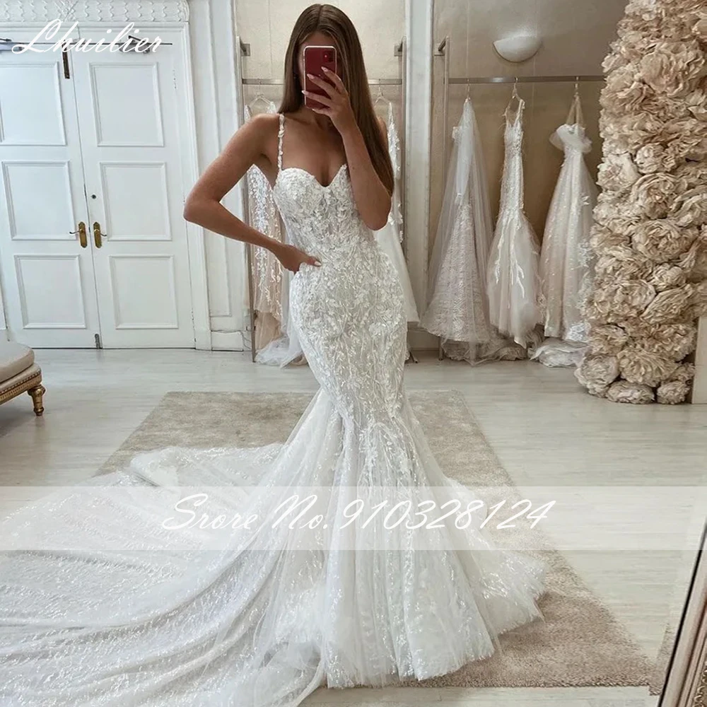 Lhuilier Women's Mermaid Lace Wedding Dresses Sleeveless Lace Appliques Beaded Shiny Bridal Gown with Detachable Train