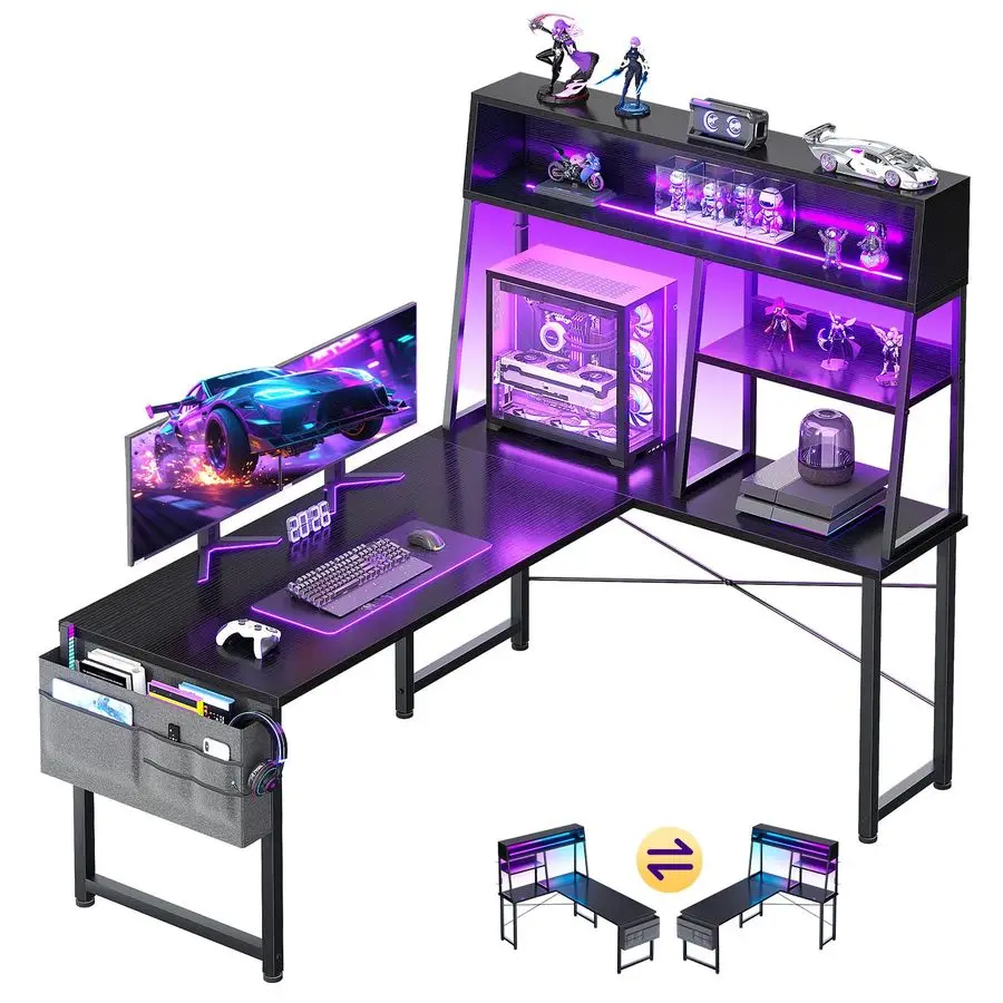 

L Shaped Gaming Desk with Led Lights, 51 Inch Reversible Gaming Computer Desk with Display Shelves, PC Gamer Desk G Customizable