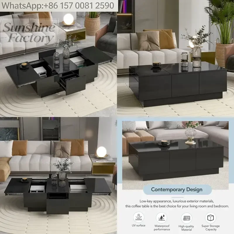 ON-TREND Coffee Table 2 Large Hidden Storage Compartments Extendable Design 2 Drawers High-Gloss Sliding Top Living Room Sets