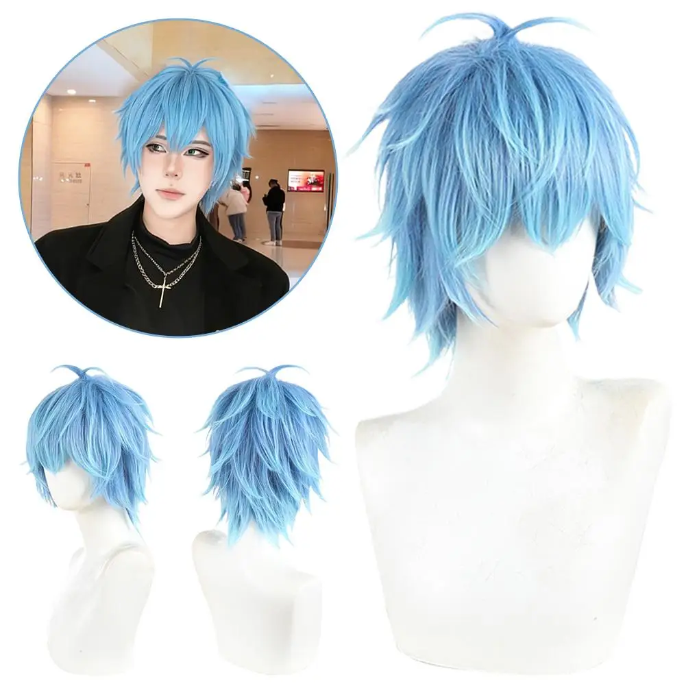 Peruki cosplay unisex srebrno-niebiesko-żółte z siatkami na włosy, kompletny zestaw do stylizacji dla kobiet i mężczyzn, nie wymagają przycinania, długie i krótkie.