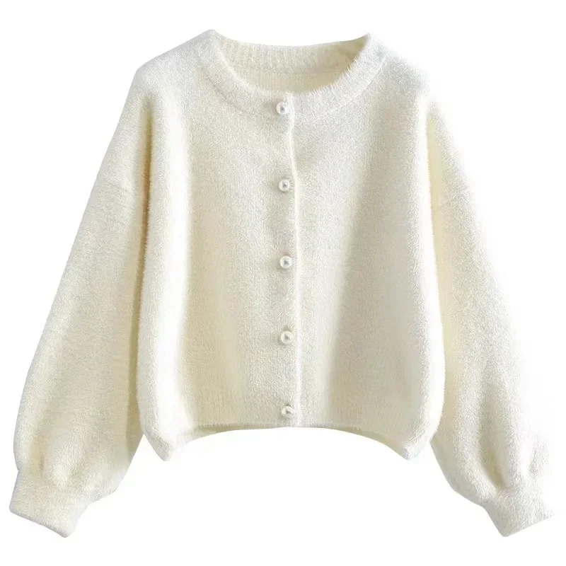 Korean Simple O-neck Single-breasted Imitation Mink Velvet Knitted Sweater  Casual Loose Y2k Cardigan Women Clothes