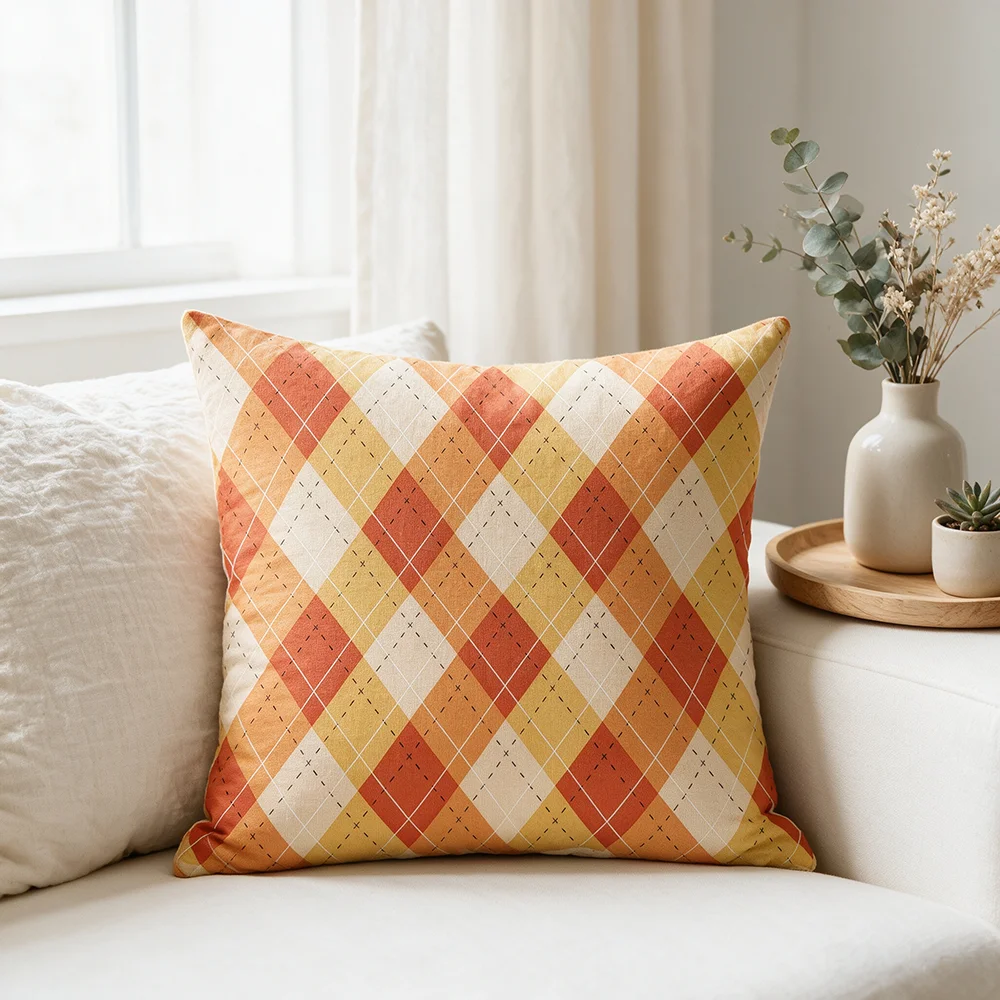 1PC Orange Argyle Plaid Print Pillow Cover Retro Preppy Diamond Pattern Decorative Throw Pillow Sofa Couch Bedroom Home Decor