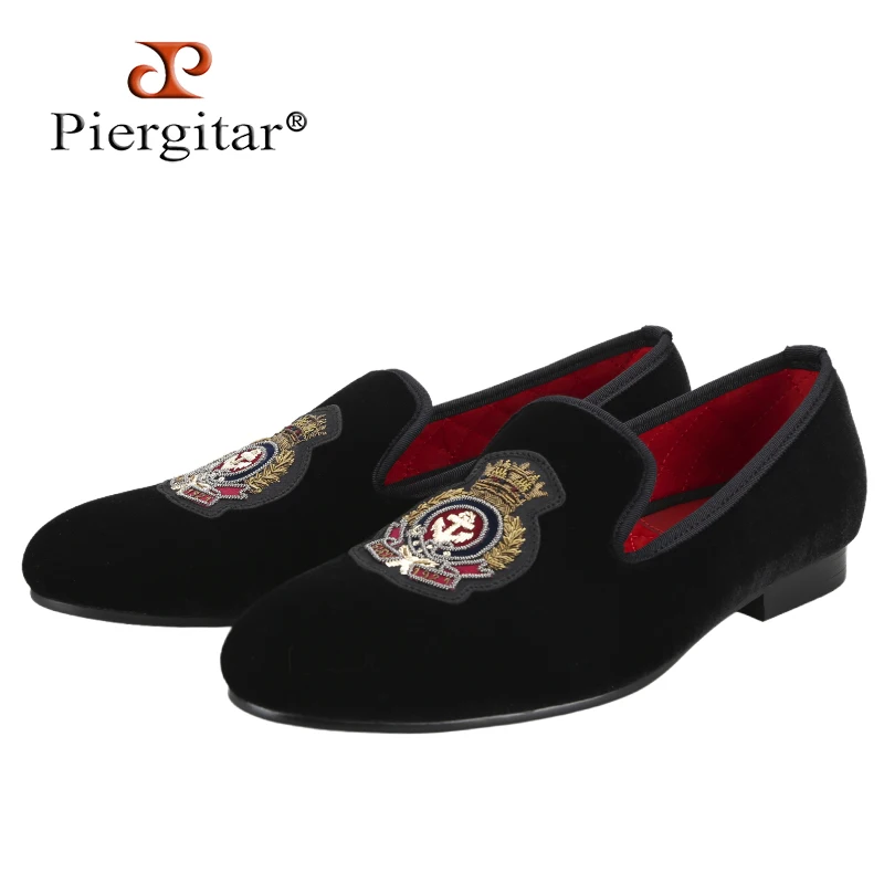 Piergitar Classic Style Men Velvet Shoes With Handstitch Bullion Royalty Patches For Party And Banquet Wear Slip-On Loafers
