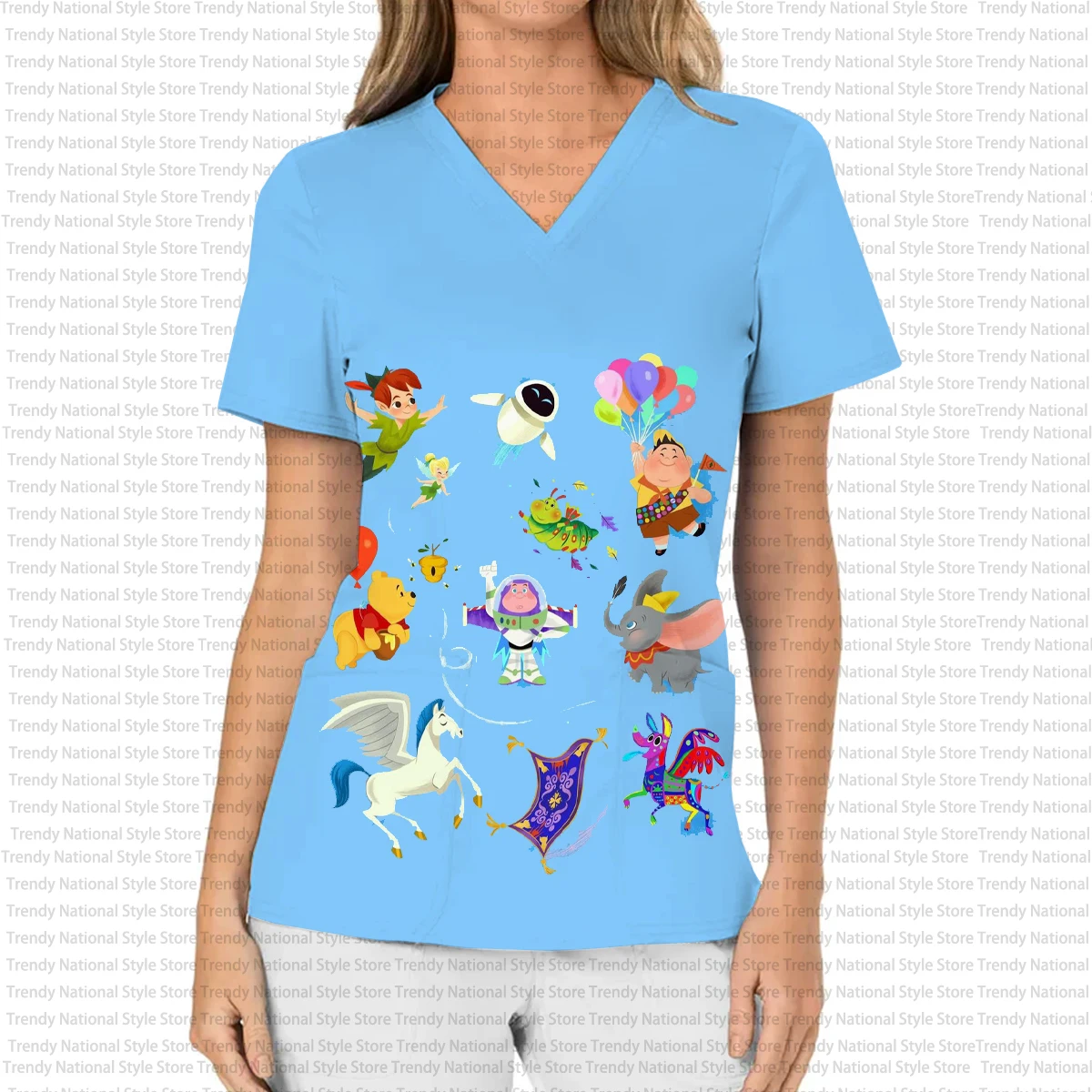 Irmãs moda casual workwear disney princesa impressão dental spa laboratório com decote em v fosco topo vestido médico camiseta