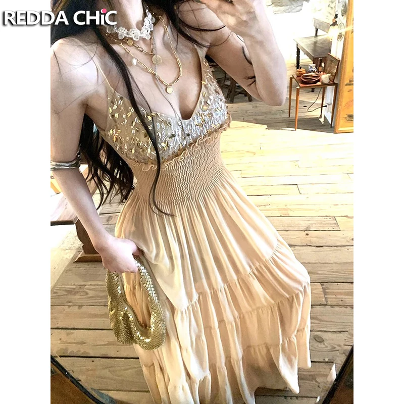 

ReddaChic Sparkly Sequin Flowy Chiffon Dress Women Spaghetti Straps Sleeveless Shirring Draped Sundress Casual Holiday Clothes