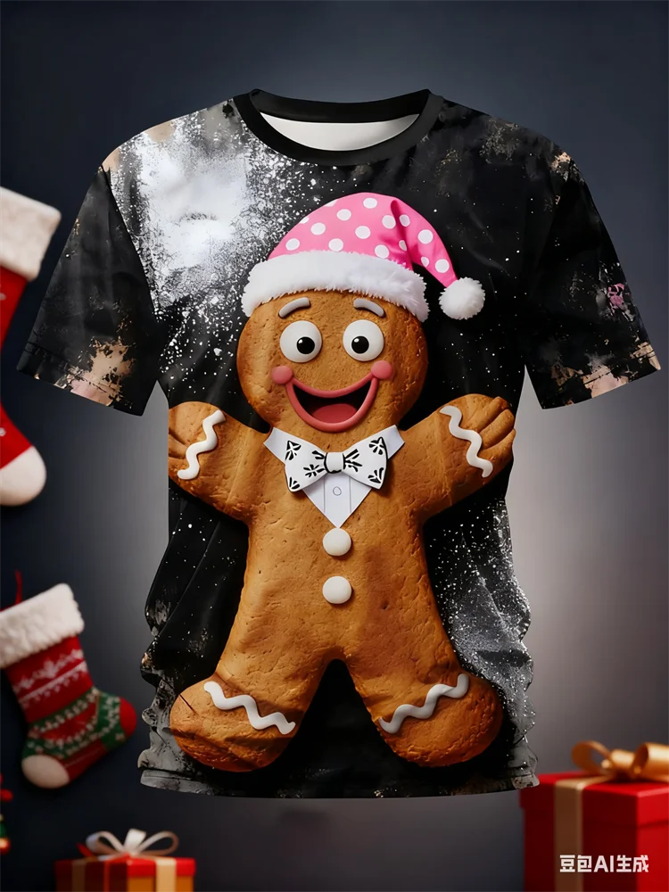 

Funny Gingerbread Pattern Men's Short Sleeve Tops Leisure Fashion 3D X'mas Style Printed Round Neck T-shirts Unisex Streetwear