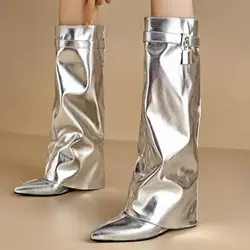 Sexy Wedge Knee High Boots for Women New 2024 New Turned-over Silver Gold Long Boot Heels Party Shoes Lady Big Size 48 Footwear