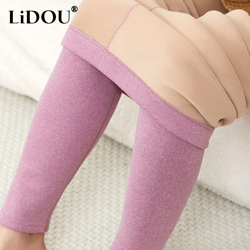 

Autumn Winter Women's Solid Plus Velvet Thick Leggings Lady Elegant Fashion High Elastic Waist Slim All-match Warm Render Pants