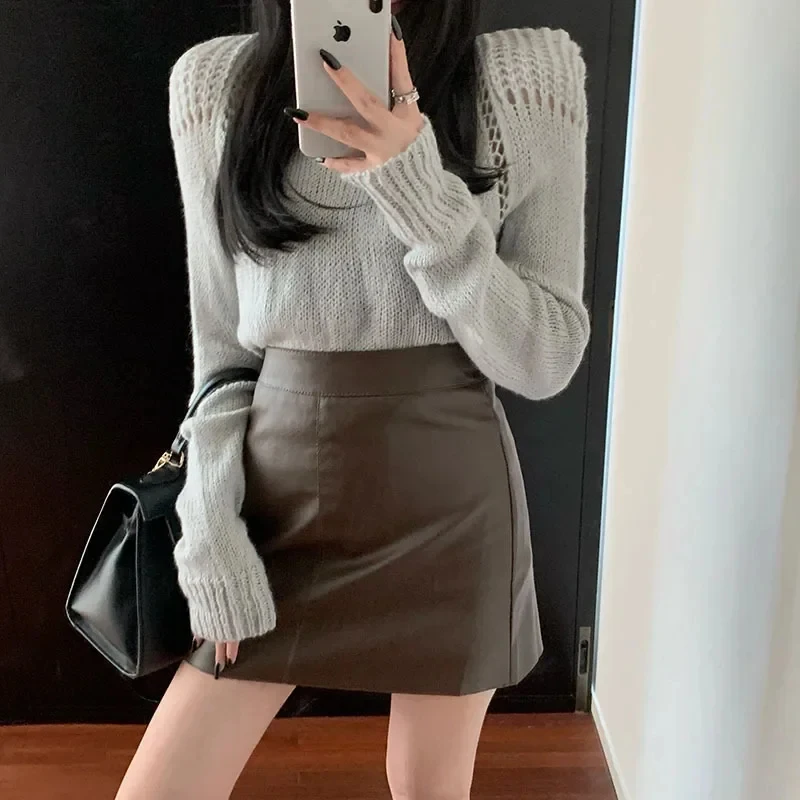 2026 New Autumn Winter High-waisted Slimming A- line Mini Skirt Women's Clothing Pu Leather Skirt Petite Black Mini Dress