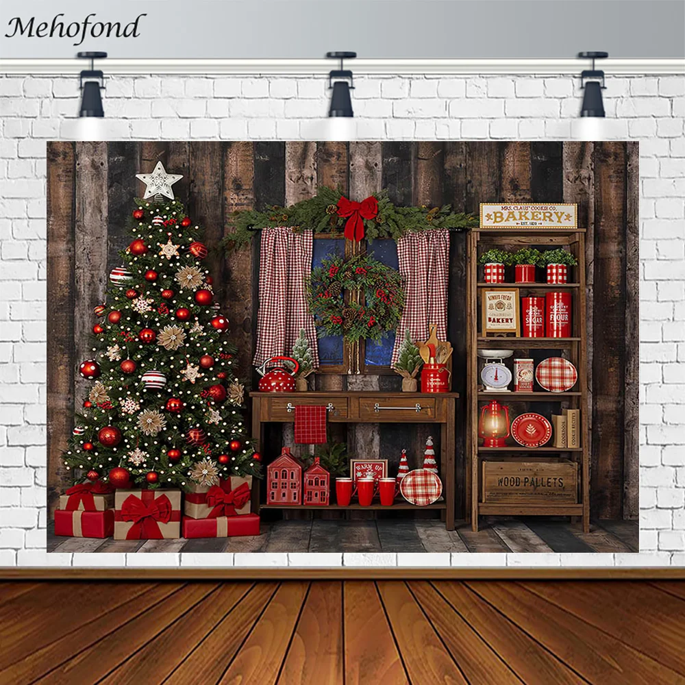 

X-mas Retro Wooden Board Backdrop Christmas Decoration Child Portrait Photography Background Pine Tree Gifts Photo Studio Photoc