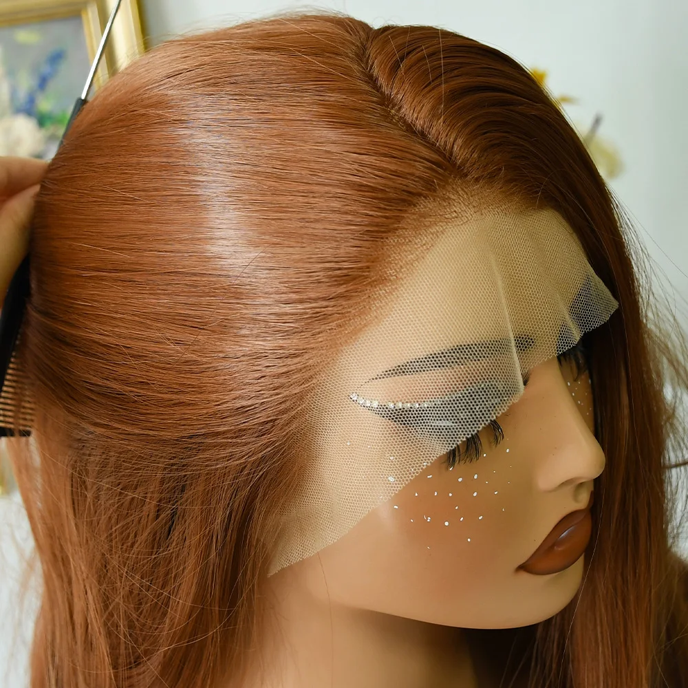 

Светло-коричневый прямой парик фронтальной части шнурка 13x4 HD Бесклеевой синтетический парик фронта шнурка Предварительно выщипанные натуральные волосы Ежедневный косплей