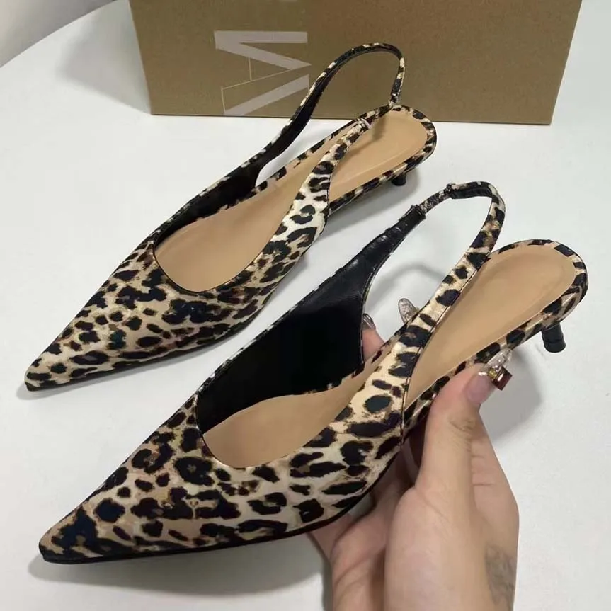 PSEEWE Leopard Print Women Pumps 2024 Summer Cat heels Sandals Woman Retro Pointed Slingback High Heels Elegant Heeled Shoes