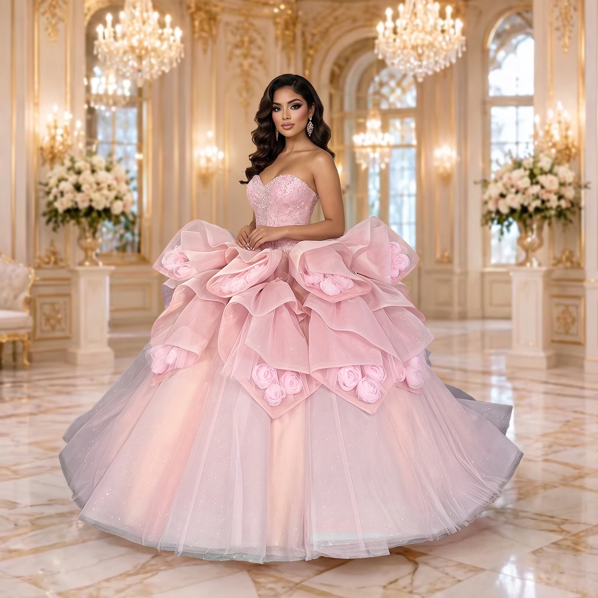 Glitter Pink Quinceanera Dress Customized Ball Gown Lace Applique Beaded Lace Up Corset Sweet 16 Vestido De 15 Anos DY1296