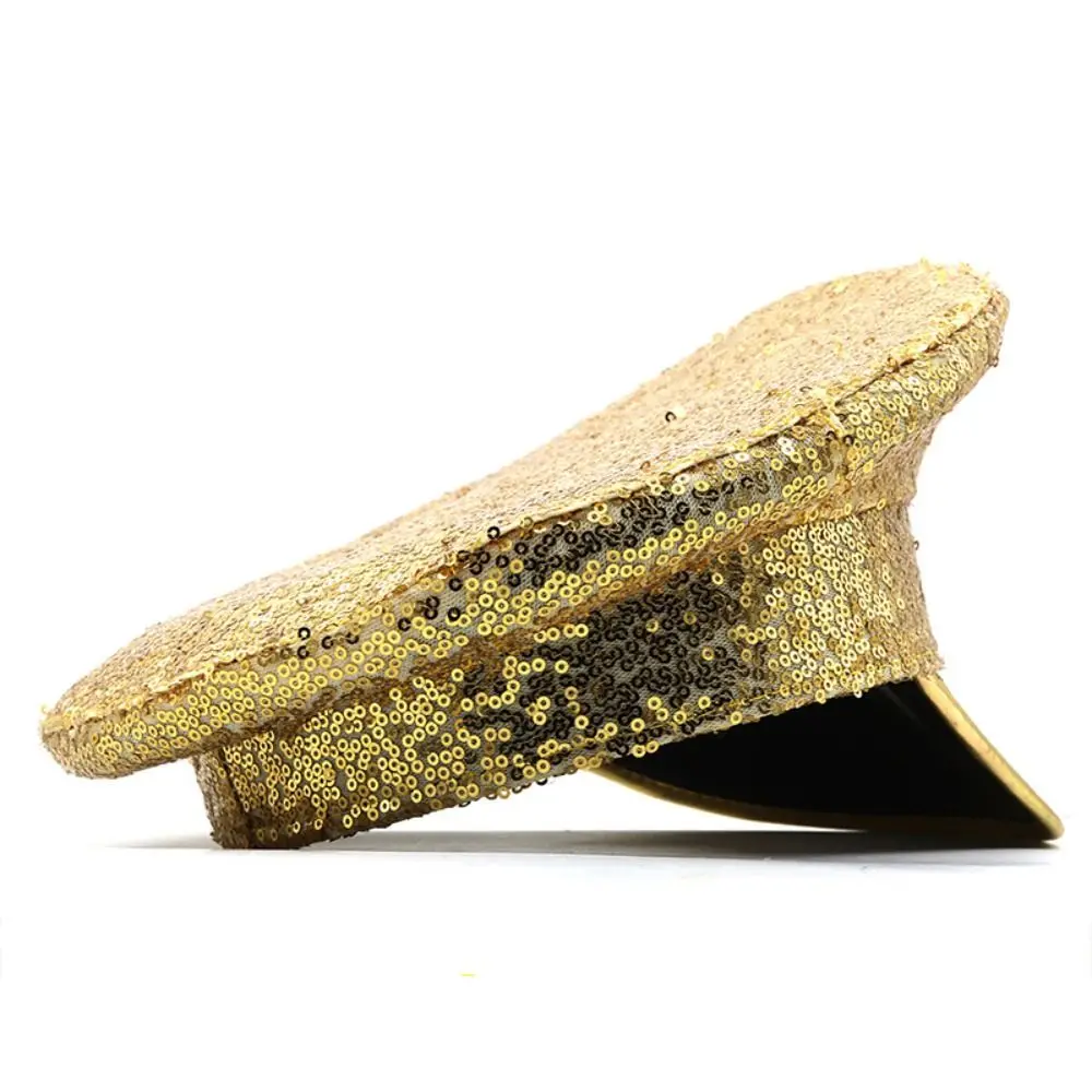 Brim Caps PU Leather Sequin Flat Top Hat Y2k Shiny Embellished Hat Sergeant Style Waterproof Beret Prom Performance Bar