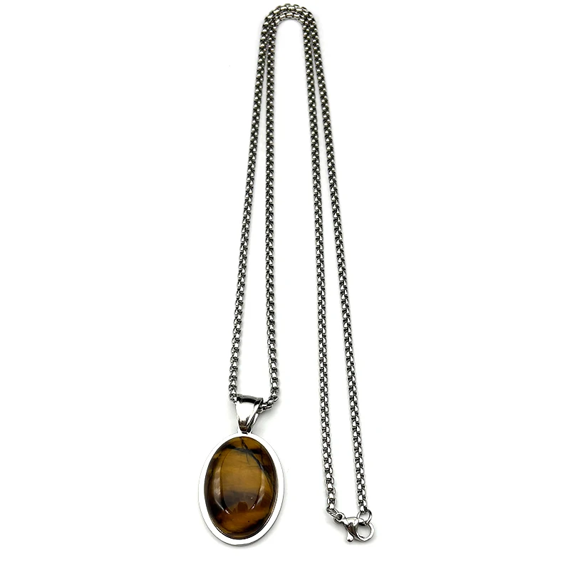 Natürliche Tigerauge-Stein-Halskette, Ovaler Anhänger, Edelstahlkette für Frauen und Mädchen, Trendige Einfache Eleganz-Schmuckstücke – Detail 10