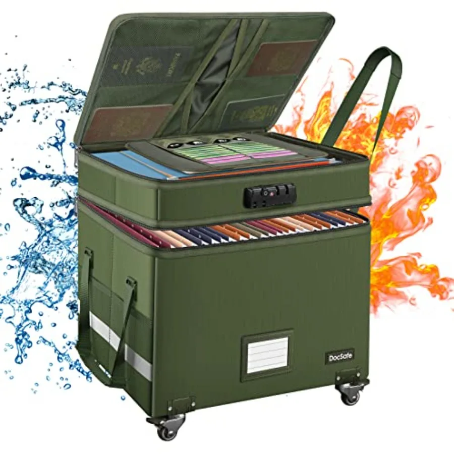 

File Box with Lock2-Layer Fireproof Document Box with Wheels Collapsible Rolling File Storage Organizer with Pockets Large Port