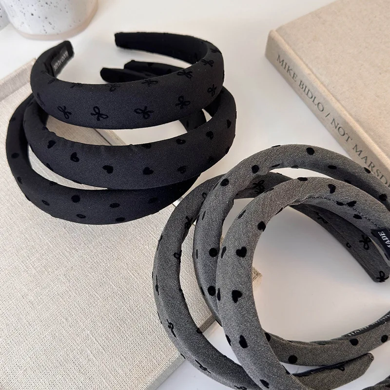 Autumn Winter Retro Black-Gray Headband Bow Heart Sponge Hair Band for Woman Girls Temperament Hair Hoop Female Hair Accessories