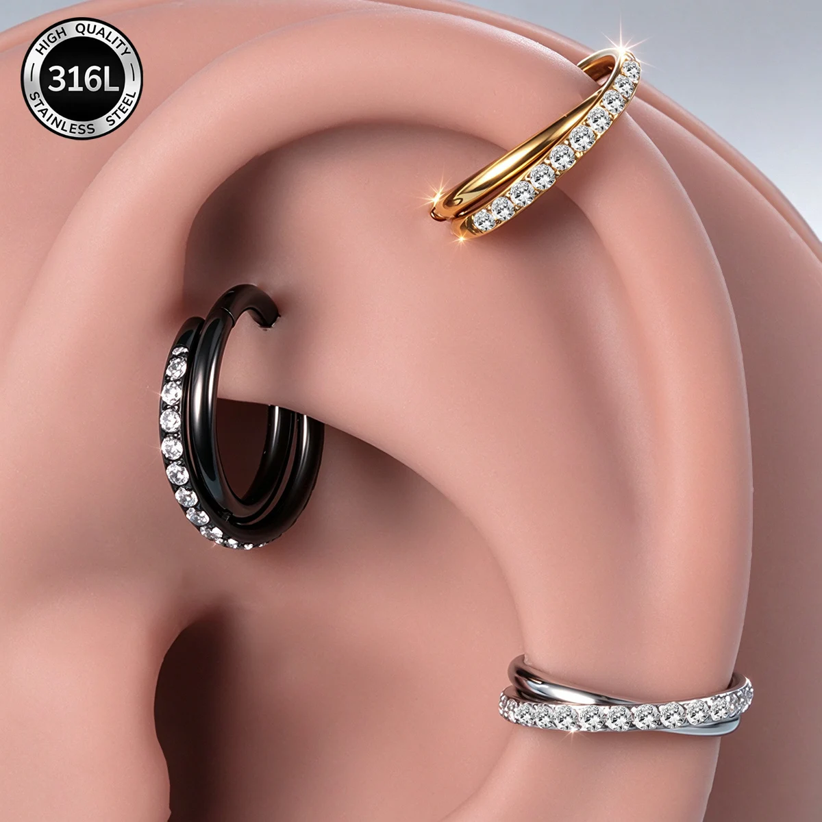 1pc 316L Stainless Steel Double Hoop Illusion Hinged Septum Piercing Ring Cartilage Tragus Daith Helix Piercing Earrings 16G