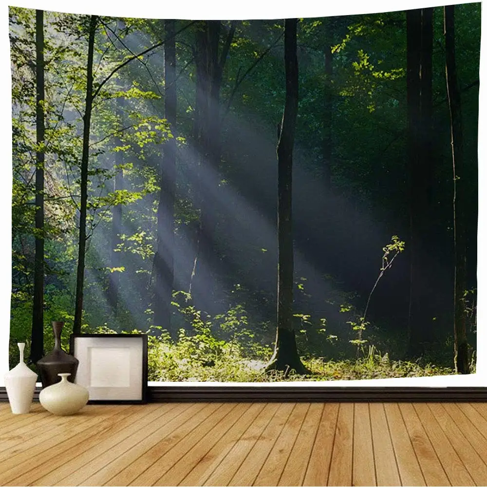 Forest Tapestry Morning Sunlight Green Trees Tapestry Nature Landscape Tapestry Wall Hanging Art for Bedroom Living Dorm Decor