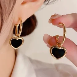 Black Enamel Oil Heart Drop Earrings for Women Party Statement Jewelry Golden Metal Round Geometry C Shape Dangle Earrings