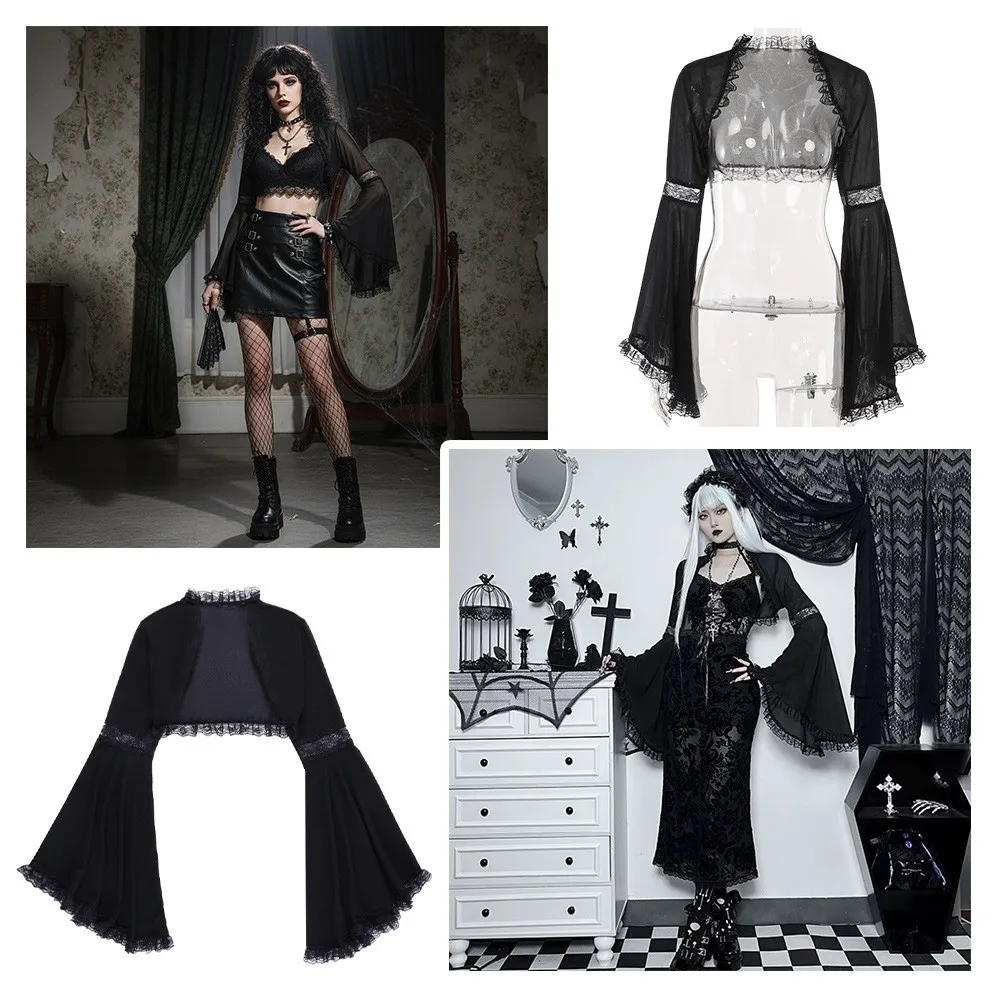 Y2k Vintage Lace Crop Top Lace Trim Flare Sleeve Victorian Half Shirt Gothic Style Round Neck Long Sleeve Crop Top for Women