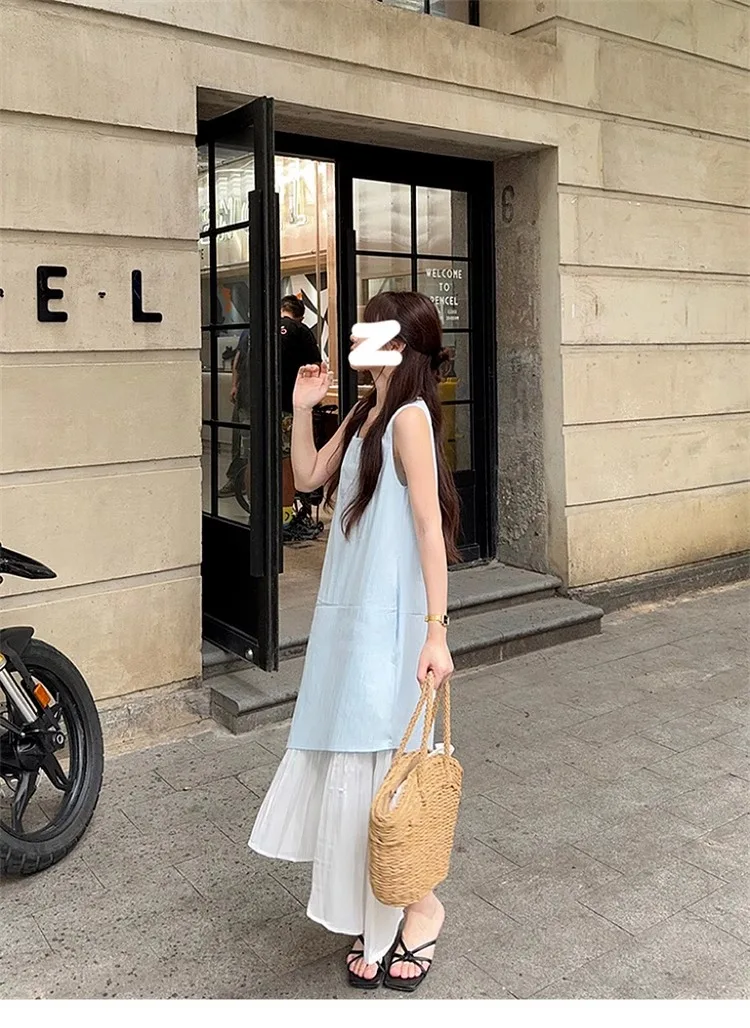 Dresses Sleeveless Womens To Wear A Wedding Summer Cotton Spaghetti Strap Halterneck Hollow-Out Cutout Side-Slit Colorful Simple