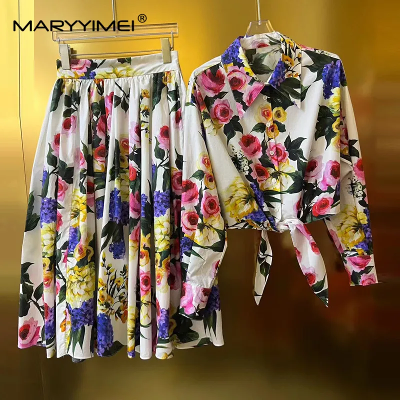 MARYYIMEI New Poplin Tied Short Shirt 2024 Spring Collar White Art Shirt Woven Cotton Printed Long Sleeve Culottes Top Set