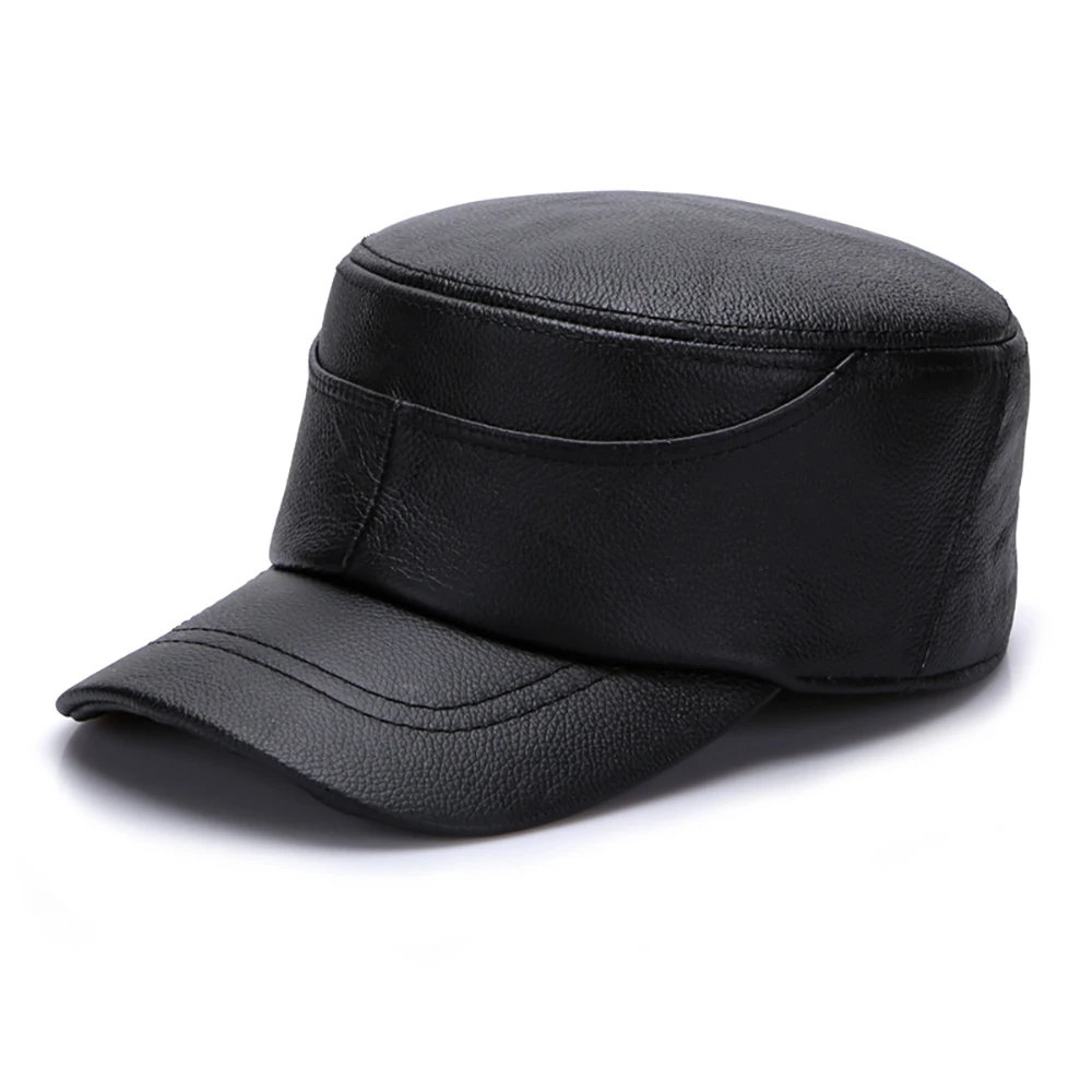 Nouveau véritable cuir de vache casquette plate oreillette casquette hommes en cuir véritable chapeaux automne hiver mâle 100% véritable cuir de vachette véritable casquettes militaires