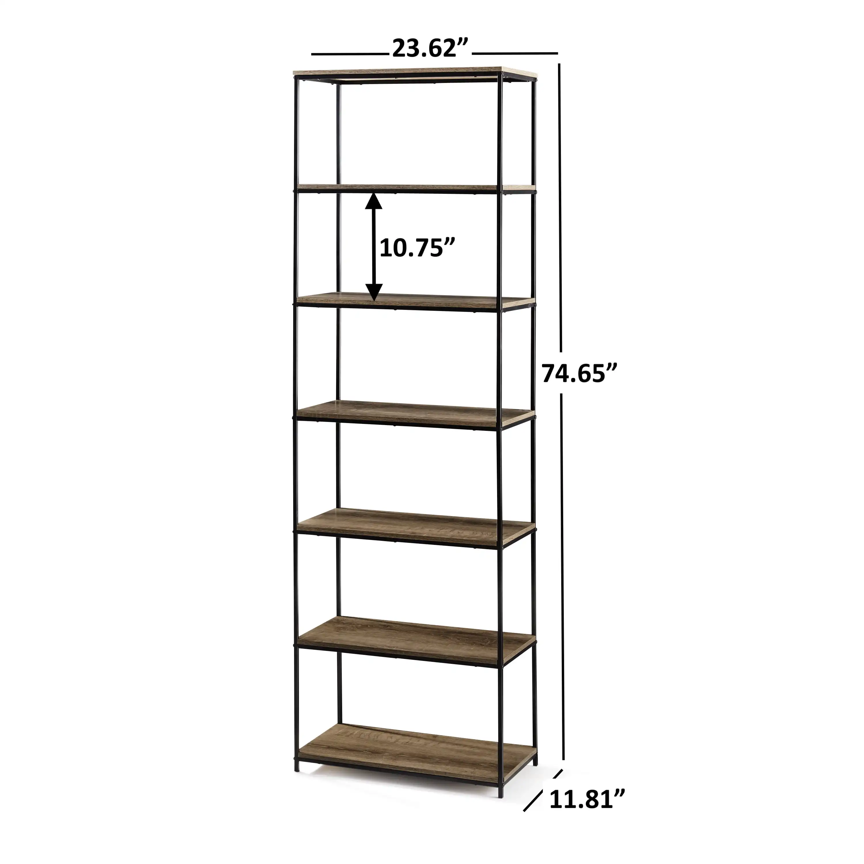 6-Shelf Metal Frame Bookcase, Rustic Brown