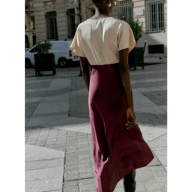 Casual sle midi dr renda seda cetim textura emendada outono feminino faion dr cintura alta poliéster ort sve v-ne