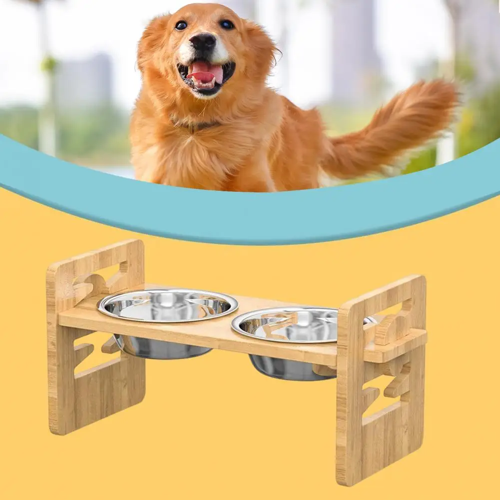 Wooden Pet Bowl Holder Adjustable Elevated Pet Bowl Stand with Tilted Platform Non-slip Feeder for Cats Dogs for Arthritis