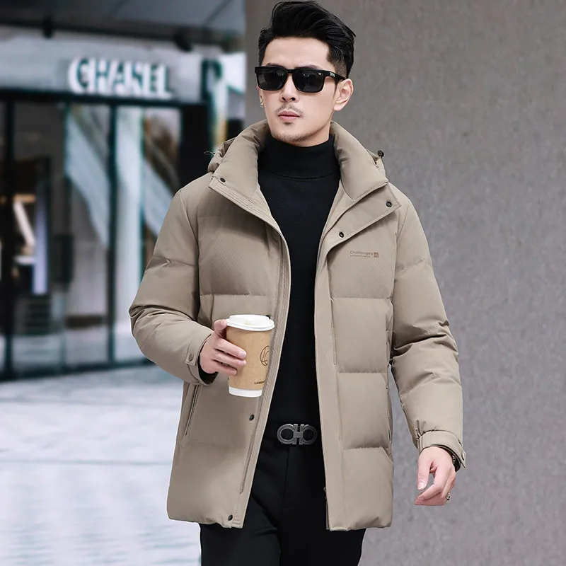 Men's down jacket, white duck down filling, autumn and winter solid color hooded simple fashion casual warm jacket