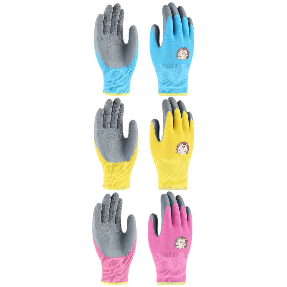 

3 Pairs Kids Gardening Gloves XXS Blue Yellow Pink Hedgehog Latex Protective Work Gloves for Children Toddler Weeding Planting