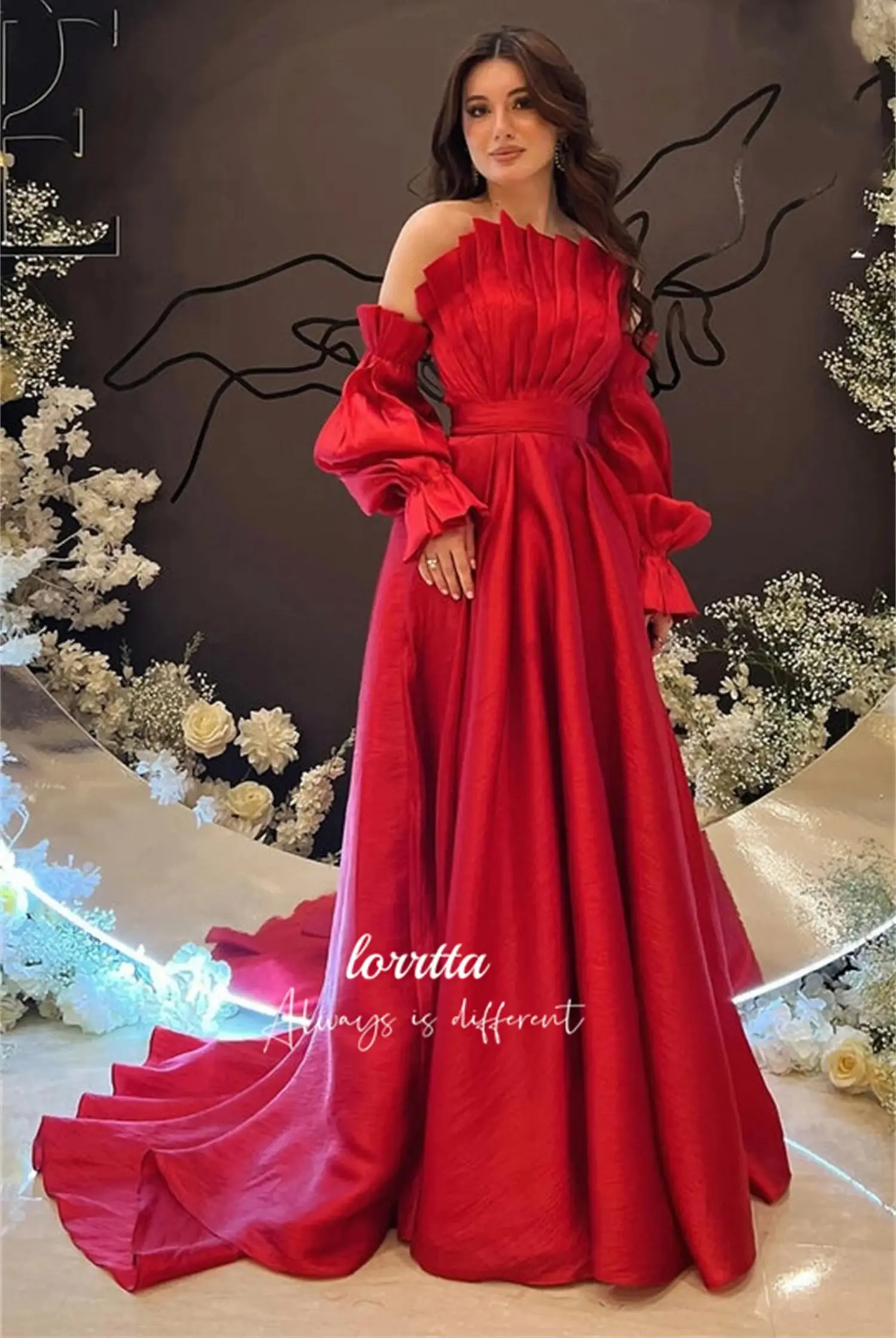 Lorrtta Party Dress Evening Formal Ball Gown Satin Line A Puff Sleeves Red Special Occasion Dresses Robe Soiree De Luxe 2024