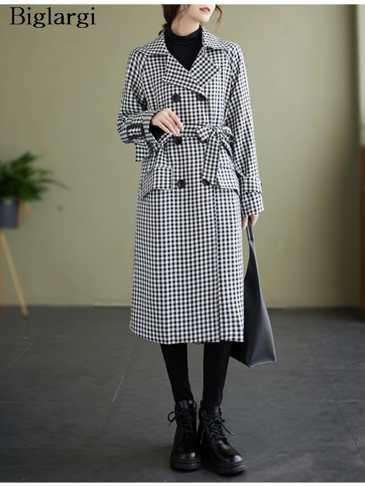 

Oversized Autumn Winter Midi Plaid Print Trench Coat Women Loose Fashion Pleated Ladies Windbreak Long Sleeve Woman Trench Coats