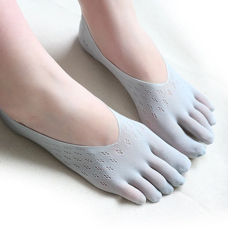 5 Pairs Summer 5 Finger No Show Socks Woman Nylon Solid Thin Mesh Breathable Shallow Mouth Deodorant Invisible Toes Silk Socks