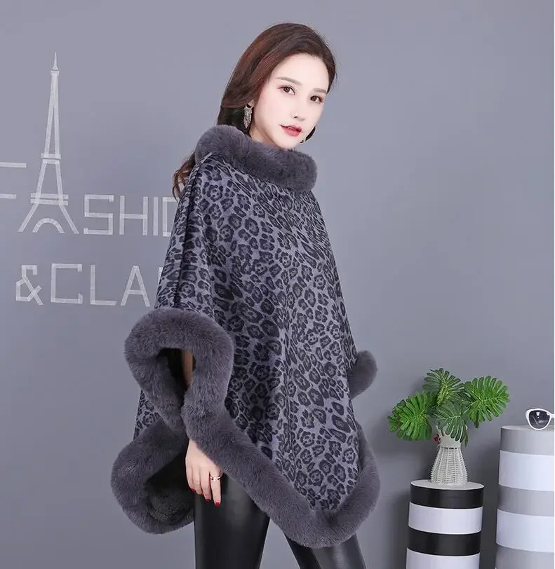 2024 Winter Warm O Neck Faux Rabbit Fur Thick Cloak Women Leopard Print Shawl Capes Plush Poncho Plus Size Velvet Pullover Coat