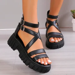 2024 Roman Sandals Summer Double Buckle Women Sandals Casual Platform Thick Heel Fashion Sandales Ladies Shoes Black Sandalias