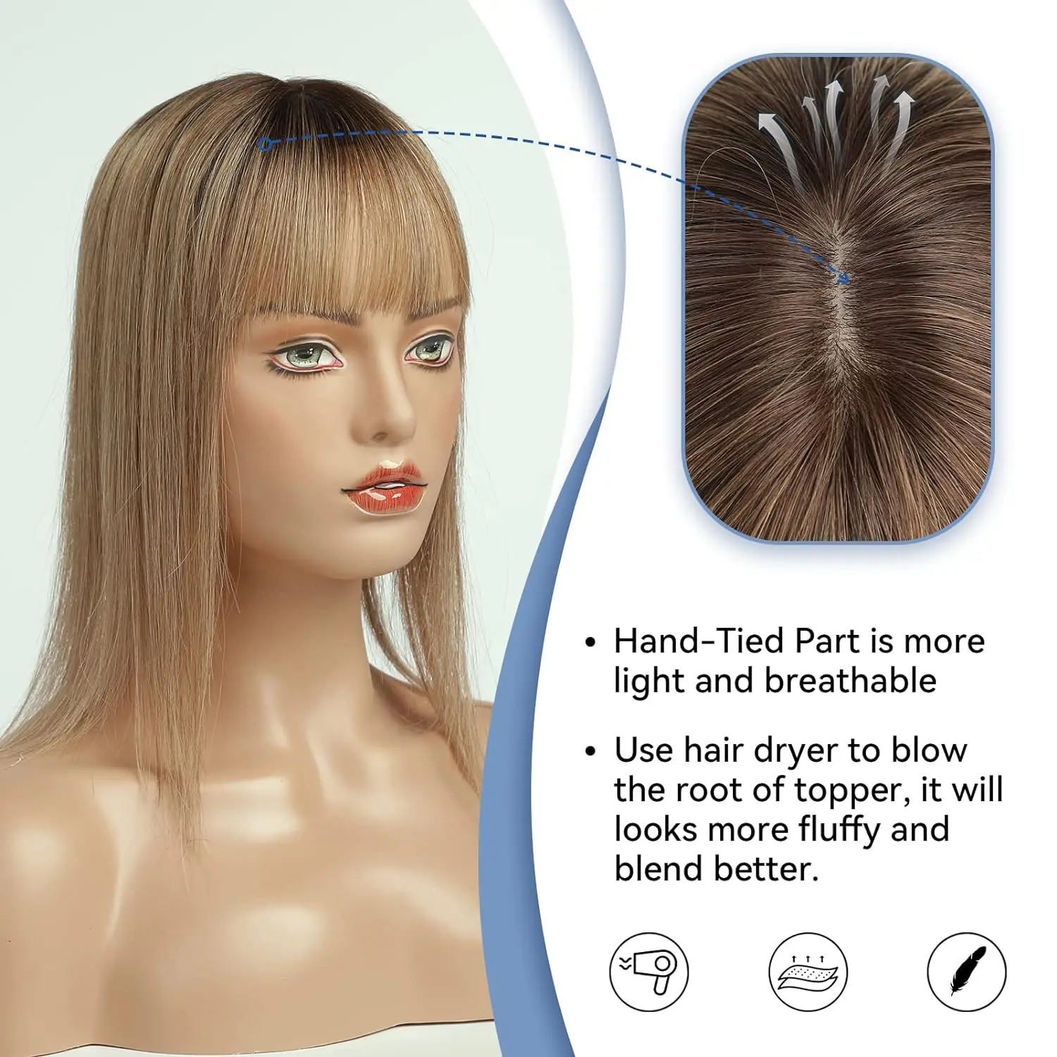 100% Remy Human Hair Toppers for Women Straight Brown Ombre 10inch Human Hair Topper with Bangs Silk Base Clip in Hair Extension