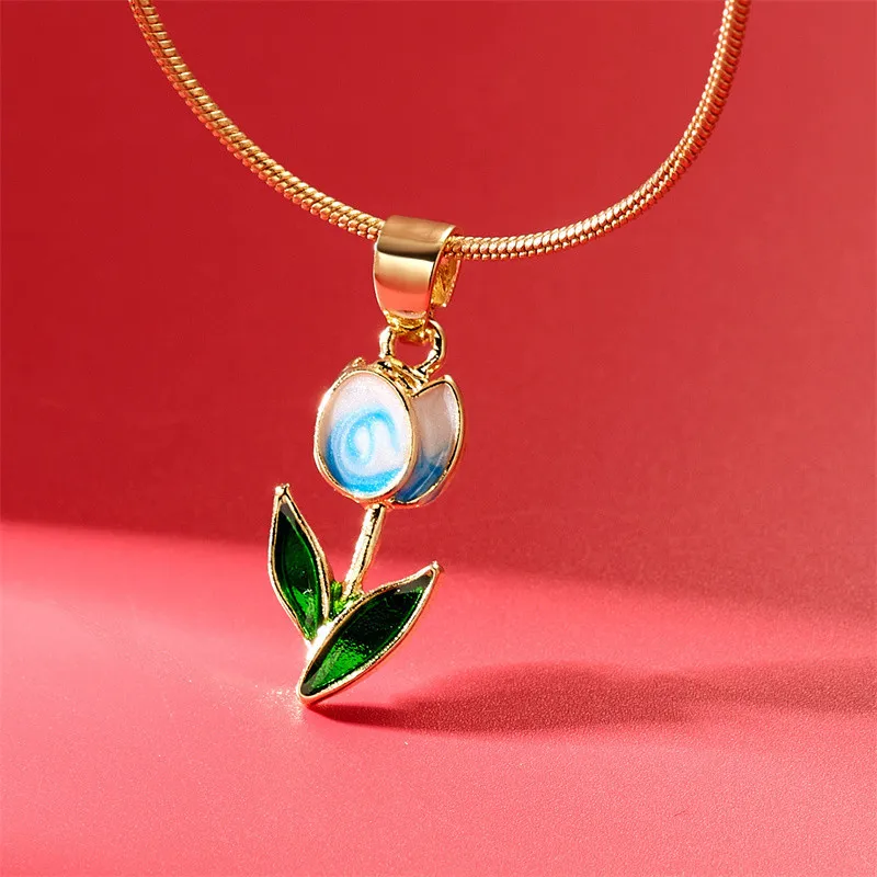 Vintage elegante Emaille-Halskette mit Tulpenblüten-Anhänger für Damen, modische Accessoires für junge Persönlichkeiten, Schlüsselbeinkette, Choker. – Detail 23