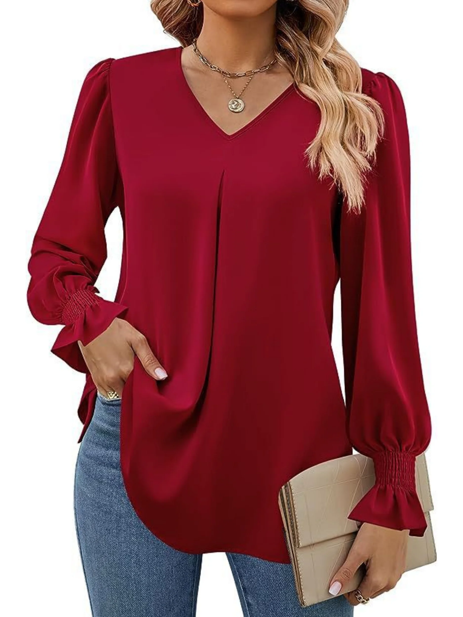 Women Spring Summer Style Blouses Shirts Lady Casual Long Sleeve V-Neck Solid Color Blusas Tops DF4998