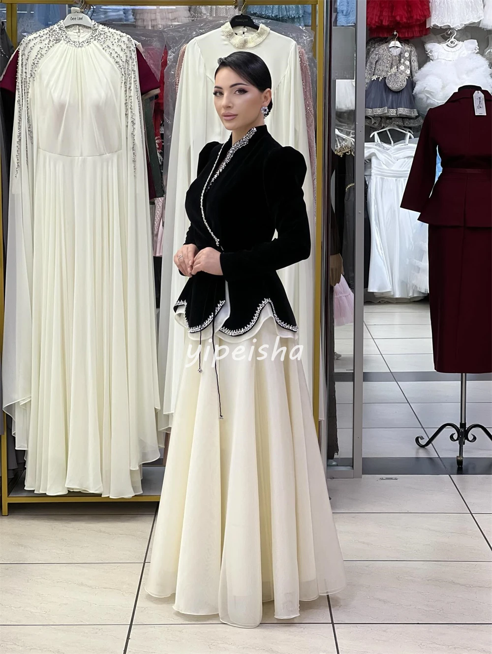 Customized High Quality Fashion Jersey Rhinestone Ruched A-line Evening Dresses Saudi Arabia V-neck Long Sleeves Prom Dresses image 3