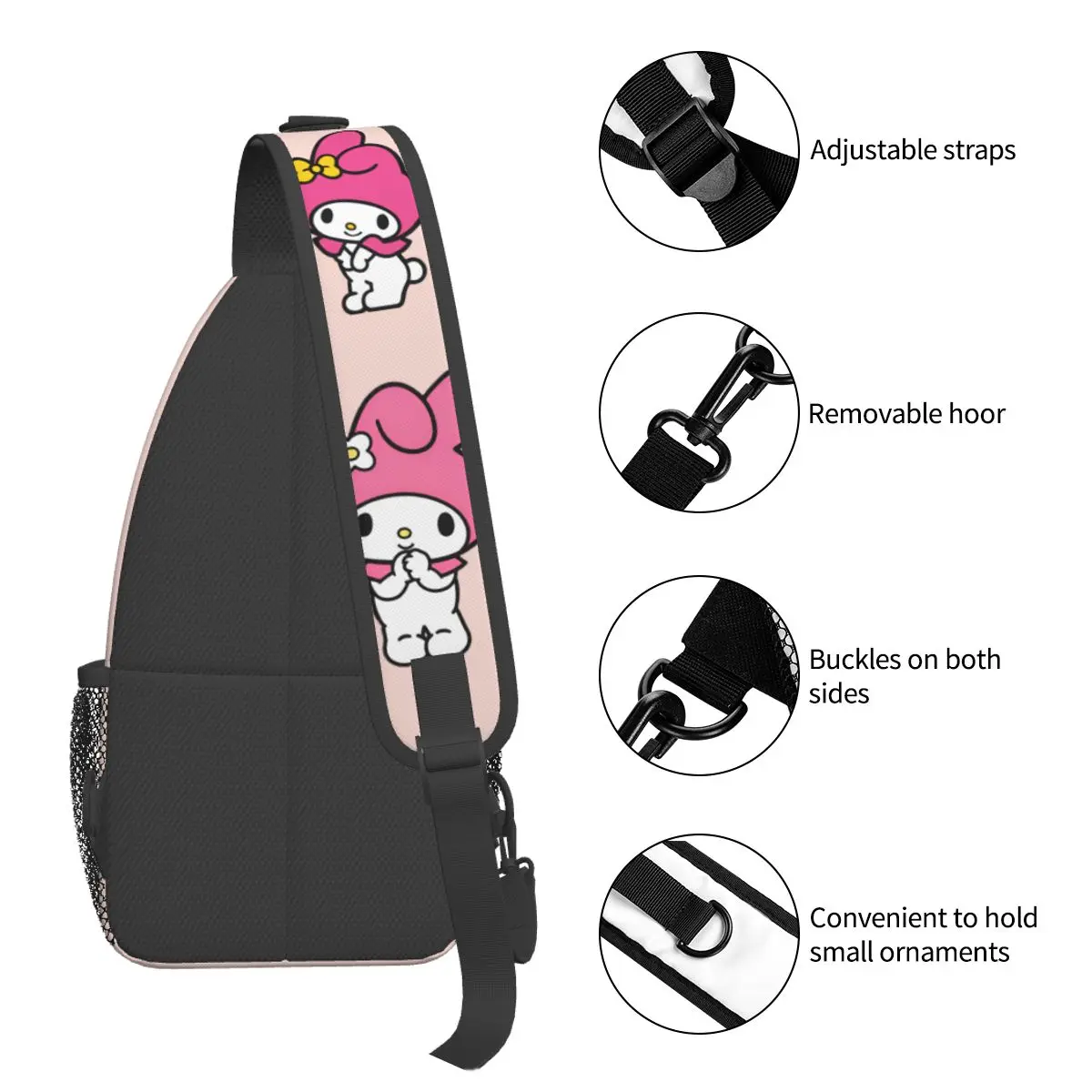 Sanrio Crossbody Sling Bag para Homens e Mulheres, My Melody, Bolsa Peito, Mochila de Ombro, Mochila para Viagem, Caminhadas, Biking, Presentes Kawaii