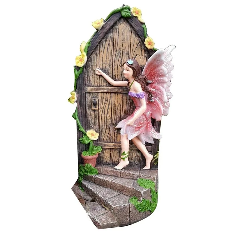 Miniature Door Statue Decor Resin Fairy Knocking On The Door Outdoor Garden Statue Hanging Ornament Decoration