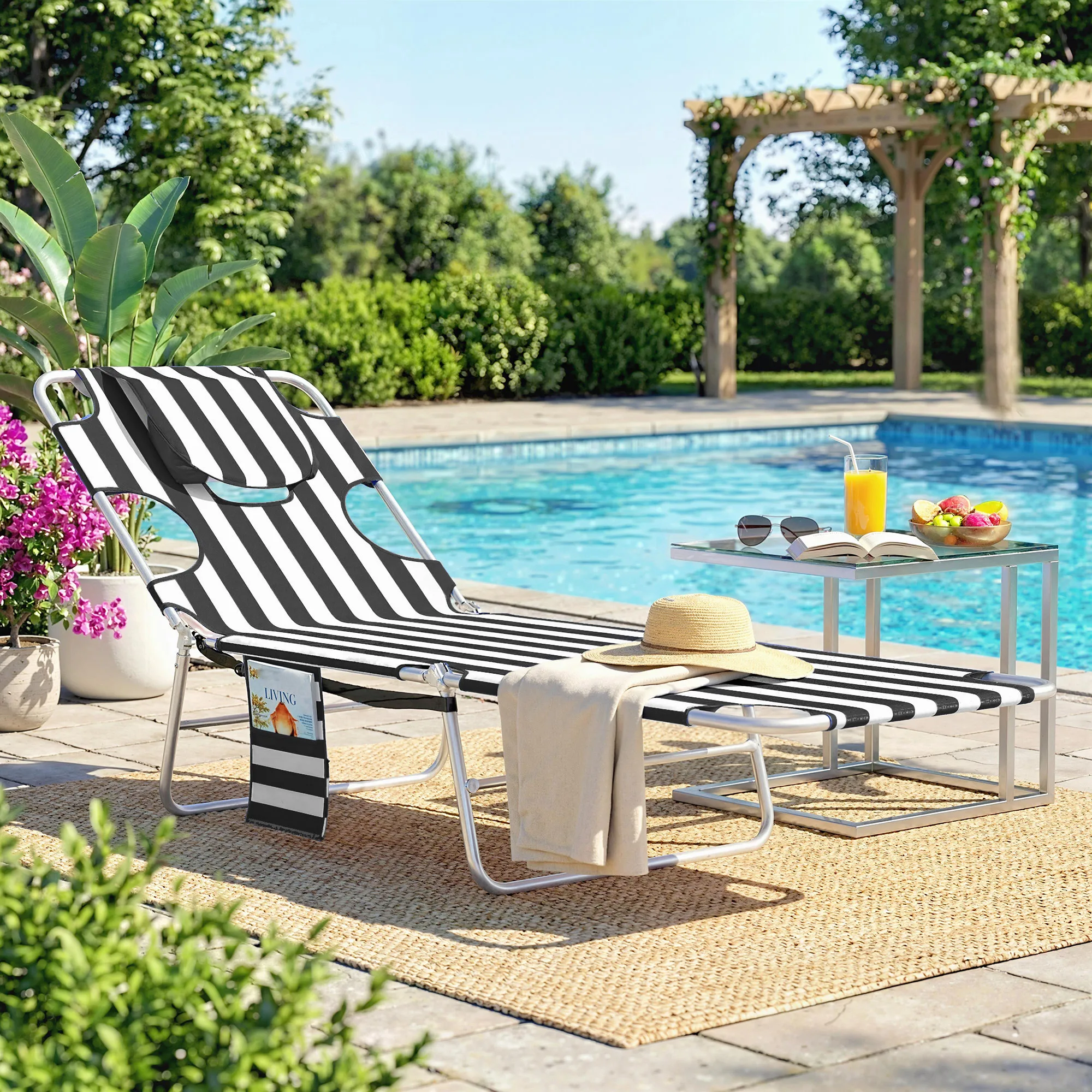 Outsunny Folding Outdoor Lounge W/ Face Hole, 5-Level Recline, Black Stripe