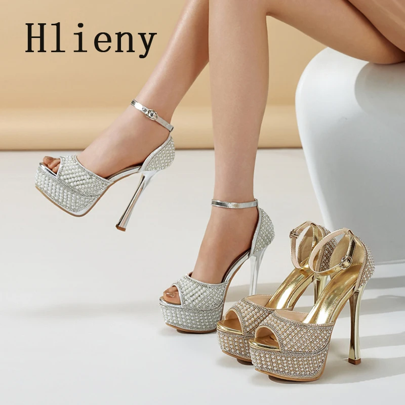 

Hlieny Fashion Street Style White Pearl Peep Toe Women Sandals Fashion Platform Thin High Heels Nightclub Party Summer Shoes