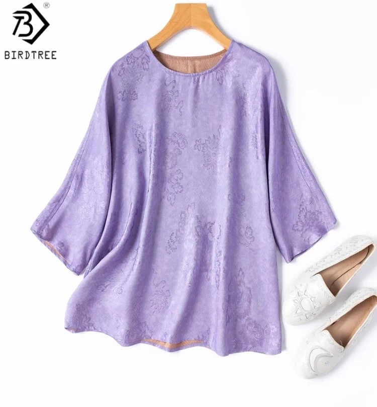 

Birdtree 100% Mulberry Silk Reversible Purple Shirt,Women Jacquard Satin O-neck Dolman Sleeve Blouse,2025 Commute Style T57620JF