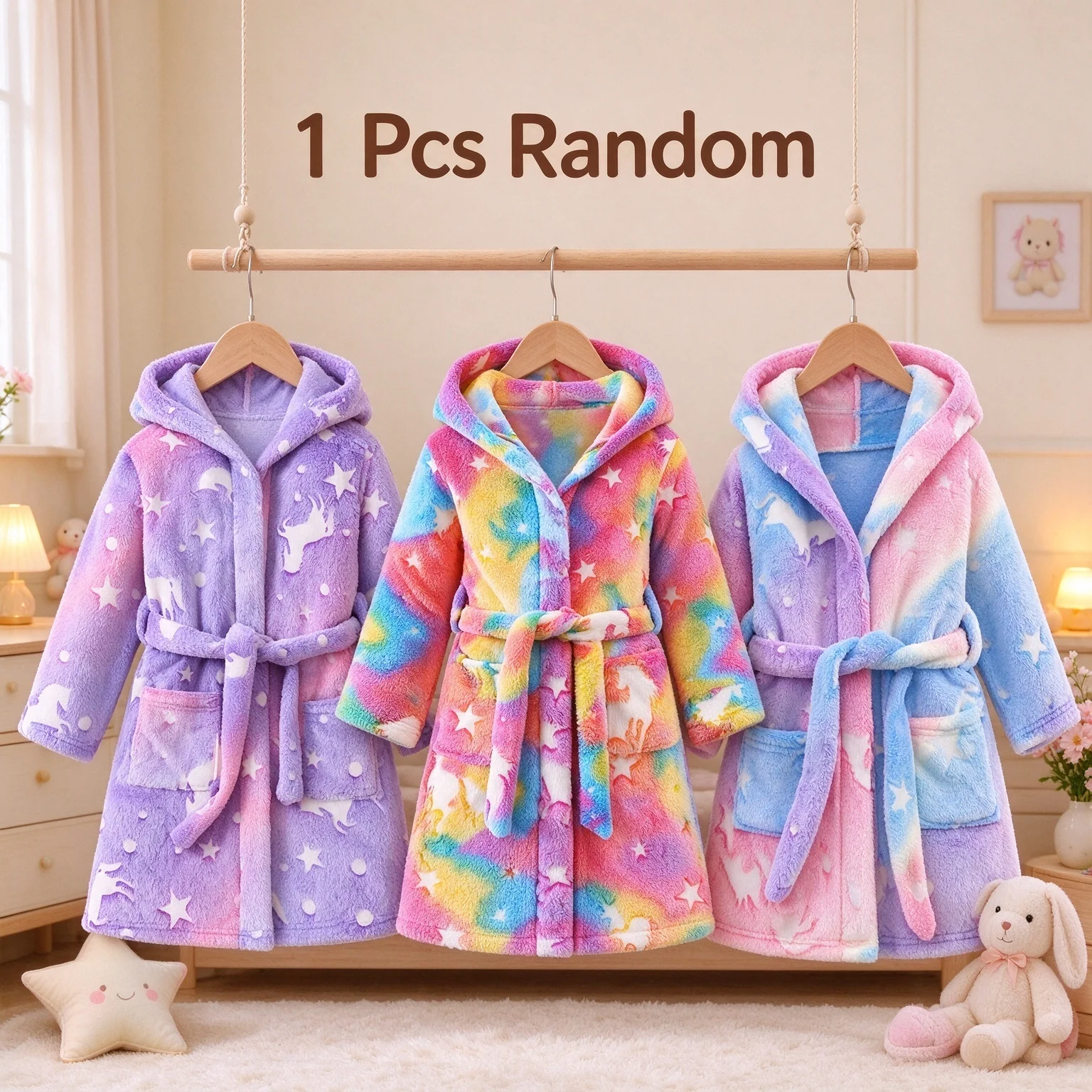 Girl Flannel Pajamas Robe  Winter Children Sleepwear Cartoon bathrobe Soft Hooded Kids Homewear Pick one at random 6–18 months