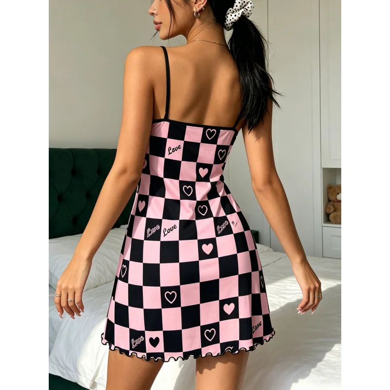 Women Summer Nightdress Spaghetti Strap Ruffle Trim Round Neck Home Loungewear Sleep Dress Pink Black Checkered Heart Print
